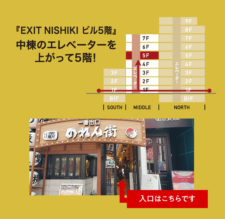 EXIT NISHIKI ビル5階|中棟のエレベーターを上がって5階